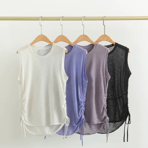Bamboo Yarn Summer Breathable Yoga Vest for Women, Loose Round Neck Sleeveless Sports Top, Thin Drawstring Yoga Cover-Up