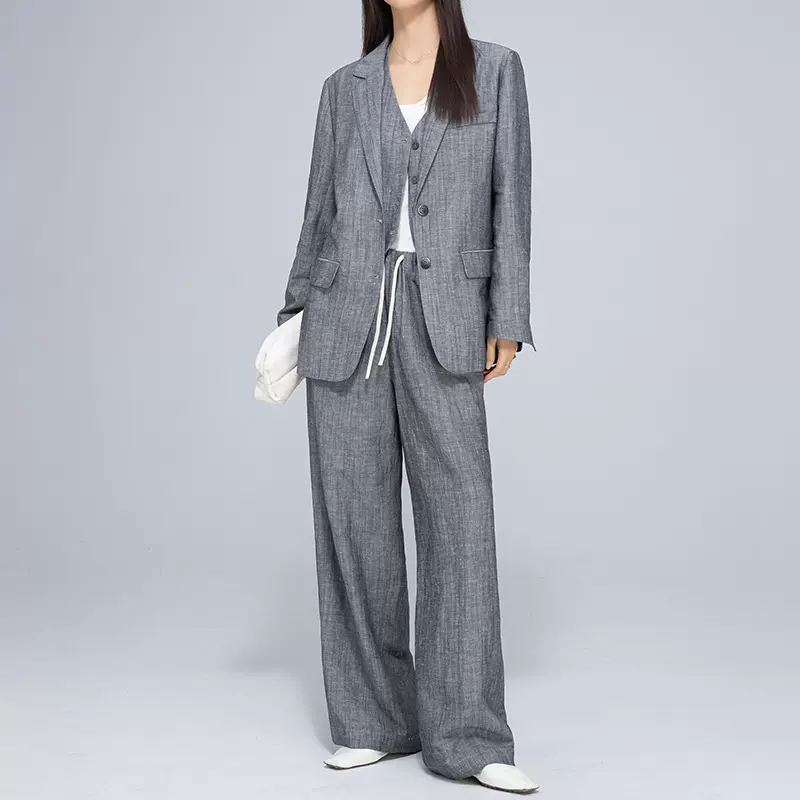 鑫阁老钱风休闲套装女春夏新款天丝亚麻时尚西装马甲阔腿裤三件套