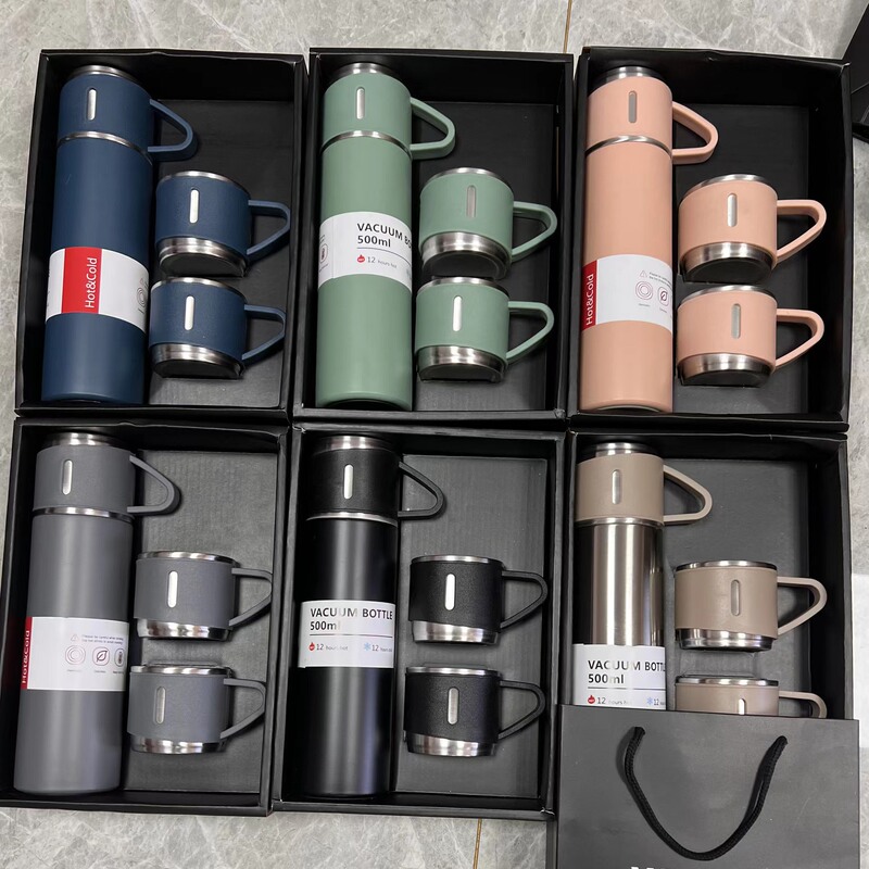 Customized 304 stainless steel Vacuum Thermos cup with three lids, portable outdoor water cup, business gift box, suit Cup