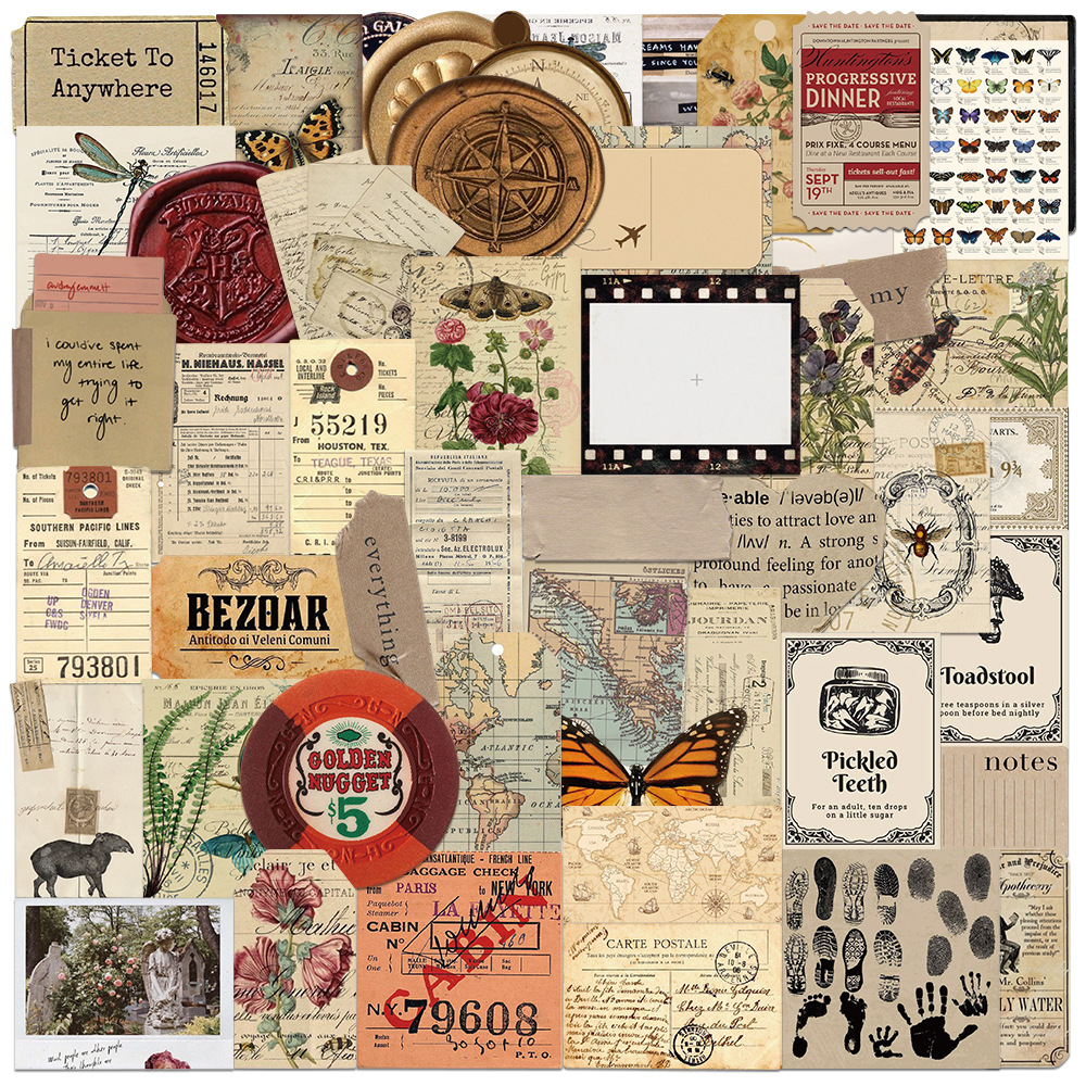 50 pegatinas de archivo retro de alto valor facial DIY pegatinas de contabilidad de mano pegatinas de decoración de maletas de scooter pegatinas impermeables