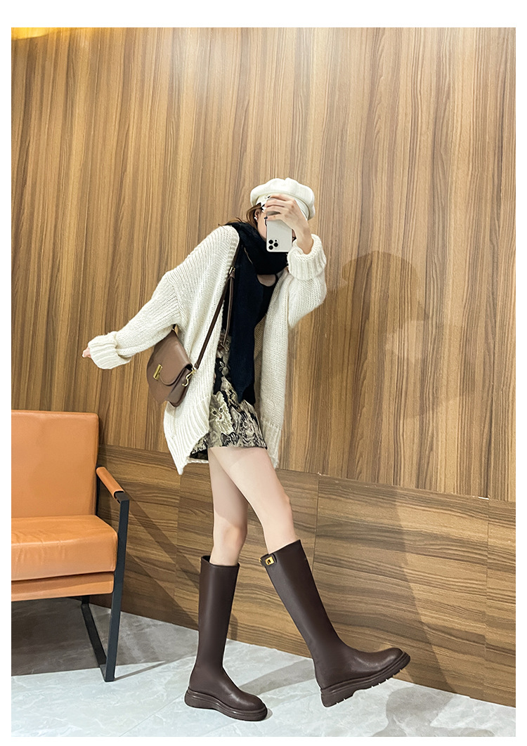 150 short stature with less than knee height, women's new round headed brown plush knight boots for autumn and winter_voghion.com