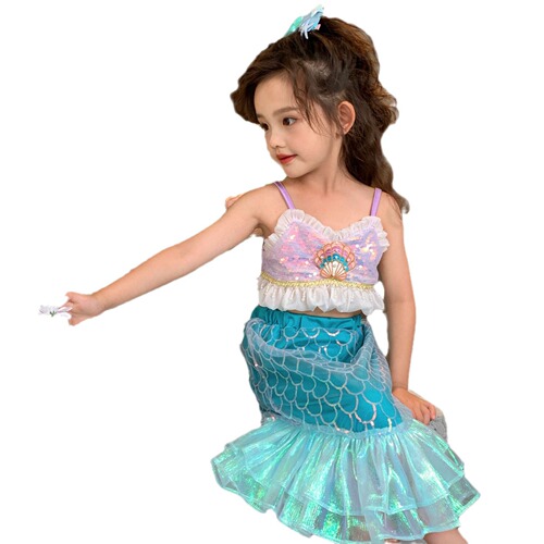 Children's Costume Mermaid Princess Glitter Straps Child Sleeveless Mermaid Girl Fish Tail Stylish Summer Dress Set