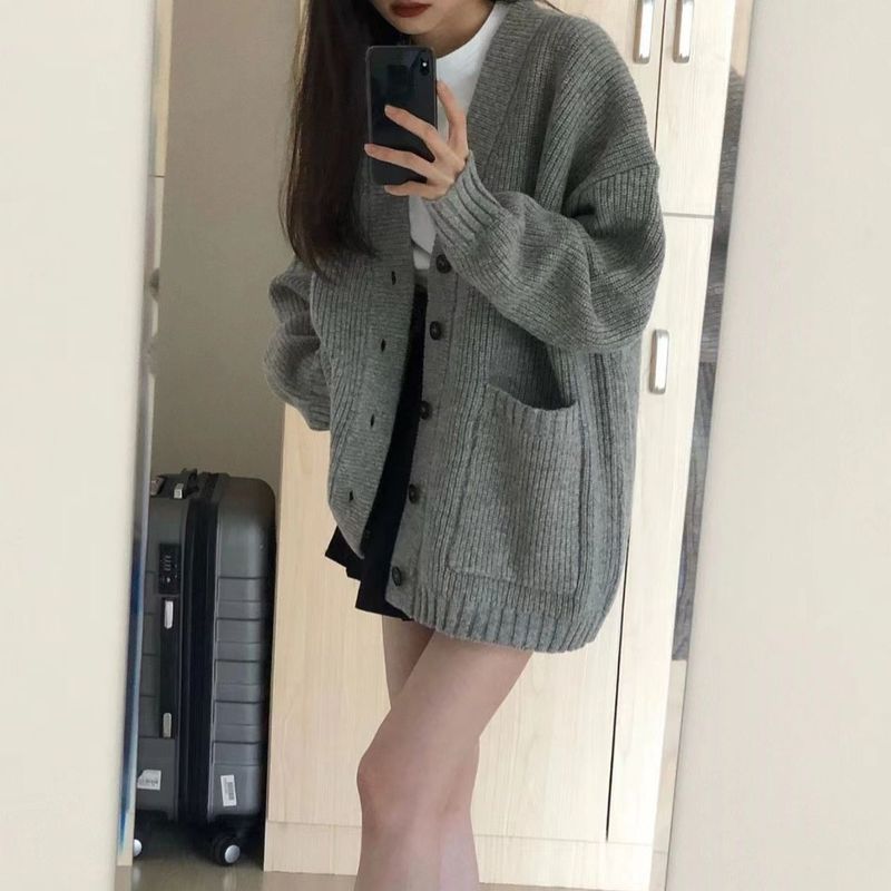 外搭灰色秋冬穿搭慵懒中长款毛衣复古外套女春秋针织开衫奶系外穿|undefined