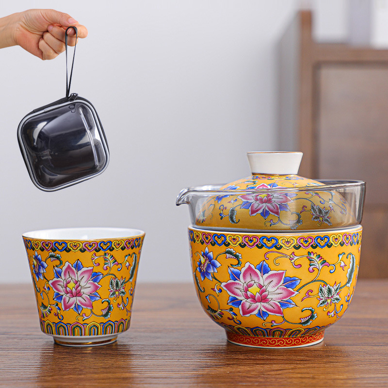 高档陶瓷珐琅彩旅行茶具快客茶杯便户外便携套装一壶两杯伴手礼品