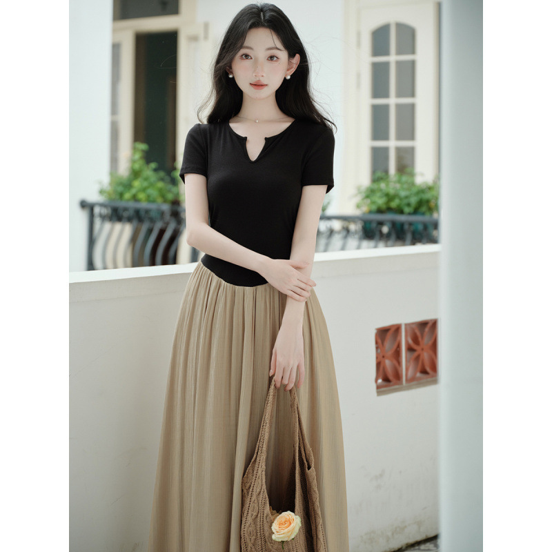 2026 Summer New Style Ladylike Slim-Fit Narrow U-Neck Patchwork Fake Two-Piece Short-Sleeve Flared Dress for Women