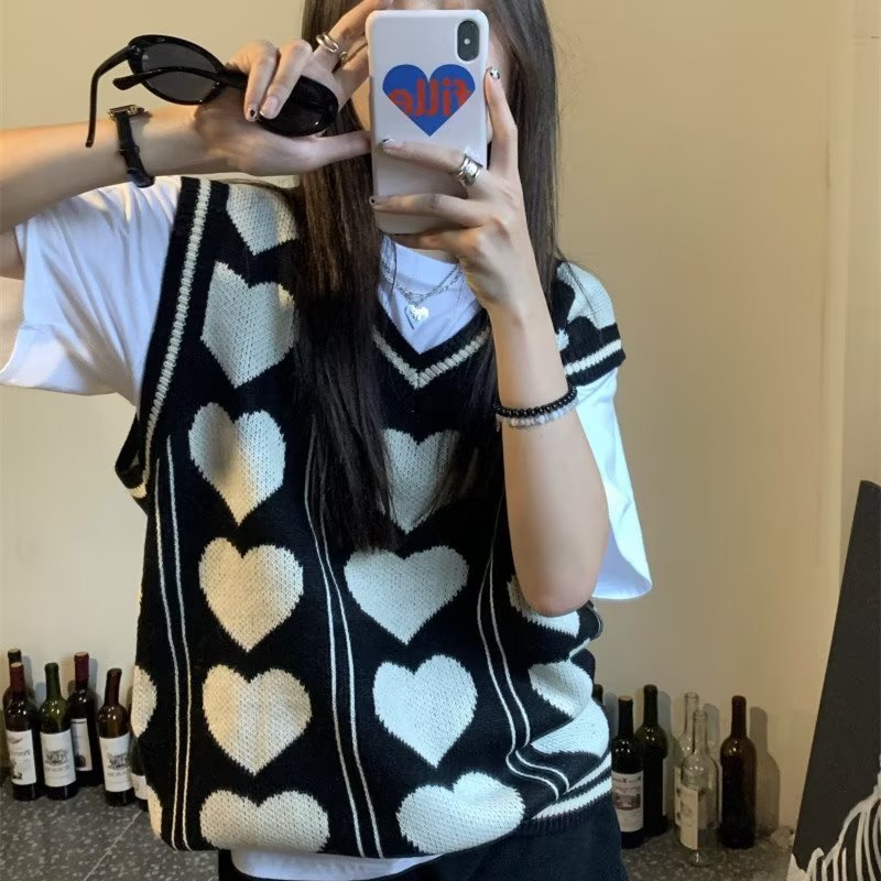 春秋季毛衣ins潮流提花针织衫女款宽松V领背心外搭新款韩版马甲|undefined