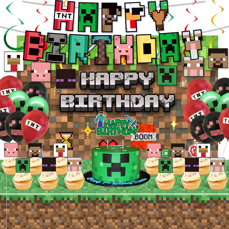 Cross-Border Minecraft Pixel Birthday Decoration Tableware Set Cartoon Children's Party Layout Banner Party Supplies