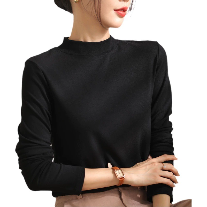 Осенняя и зимняя 2024 рубашка с полувысоким воротником нижняя рубашка с длинными рукавами футболка сплошной темперамент