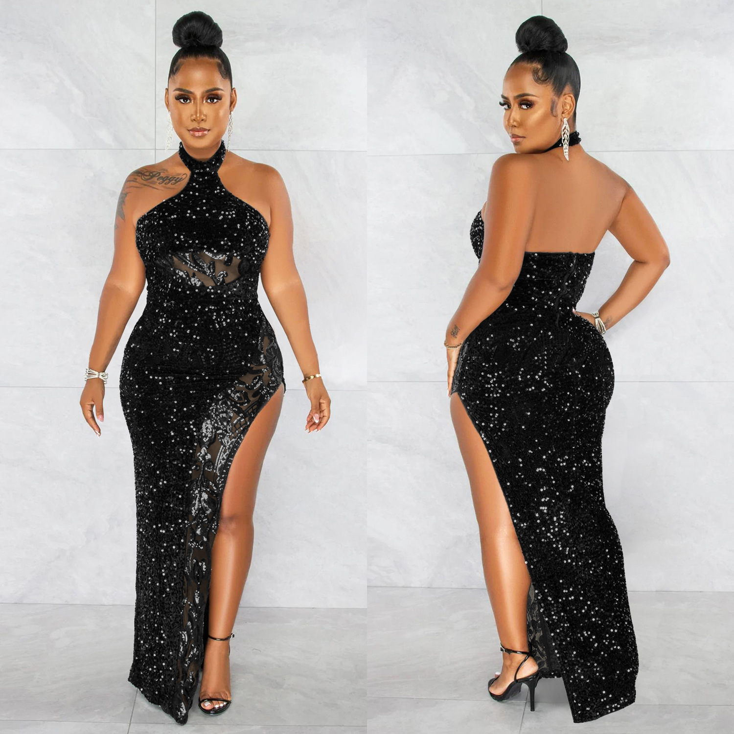 Sequin see-through Solid Color backless halter prom Dress NSXYZ138149