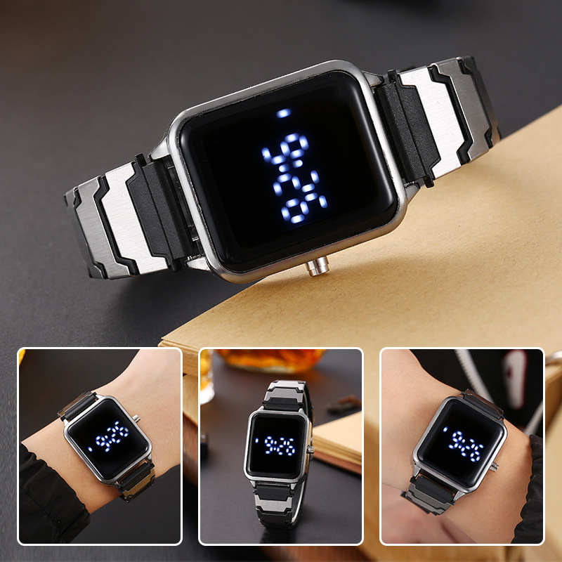 Nuevo reloj LED de cinturón de acero metálico para hombres de moda, reloj electrónico cuadrado para hombres y mujeres, reloj táctil para estudiantes al por mayor