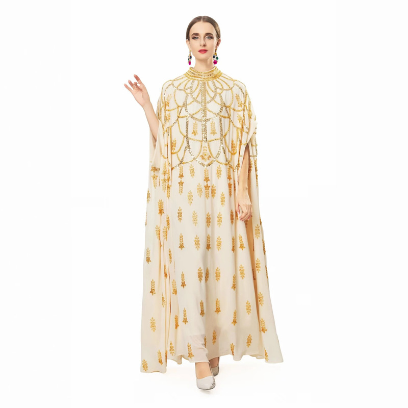 Cross-Border Women's Fashion Heavy-Duty Pullover Dress, Stylish Long Gown with Handmade Rhinestone Embroidery, Elegant Evening Dress for Export