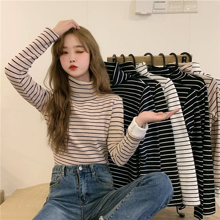 2023 이른 봄 새로운 양면 벨벳 흑백 스트라이프 긴팔 티셔츠 여학생 슬림핏 슬리밍 하이 칼라 베이스 셔츠