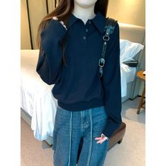 韓国系polo襟のたるみ感のあるニットセーター女性2025春秋シンプルで怠惰なボトムシャツのゆったりとした上着