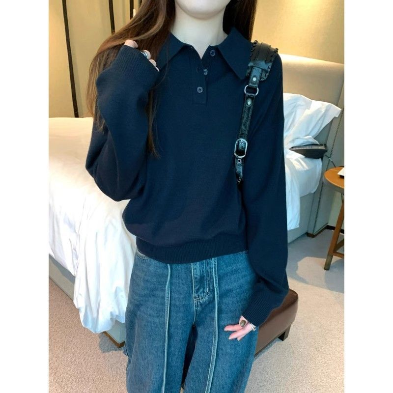 韓国系polo襟のたるみ感のあるニットセーター女性2025春秋シンプルで怠惰なボトムシャツのゆったりとした上着|undefined