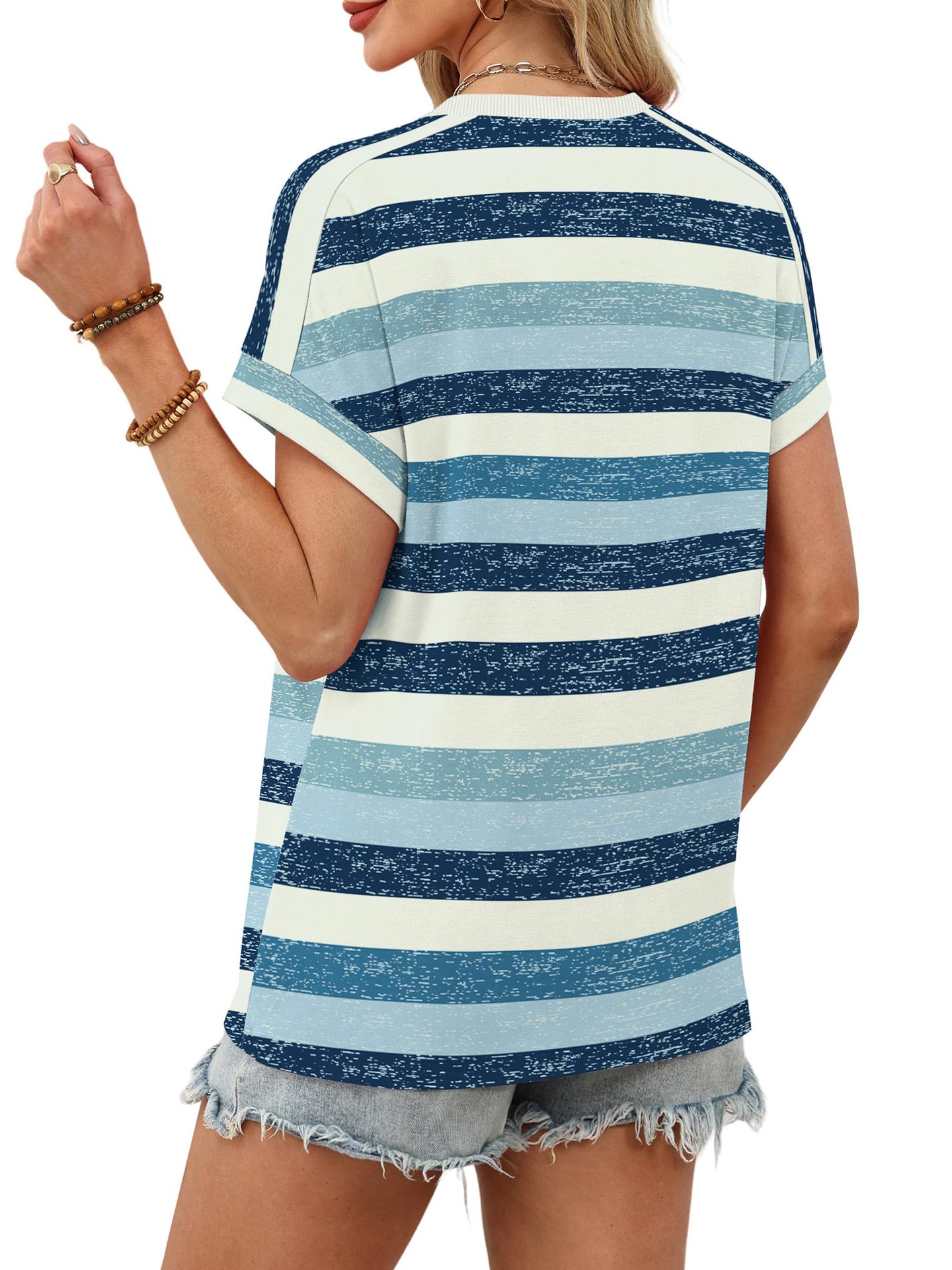 Summer New Women's Round Neck Casual Striped T-Shirt Short Sleeve Top American Style_ecoleips.com