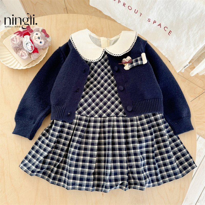 【柠里】小学妹！女童连衣裙秋装新款洋气宝宝针织开衫裙子套装潮|undefined
