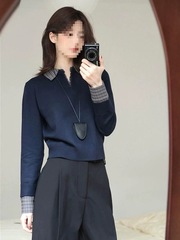藏蓝色翻领拼接假两件修身针织打底衫春装女款年新款韩系上衣