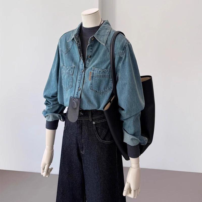 Vintage Hong Kong Style Blue Denim Shirt for Women, Spring and Autumn Design, Versatile Layering, Petite Size, Regular Shoulder Top, Trendy Jacket