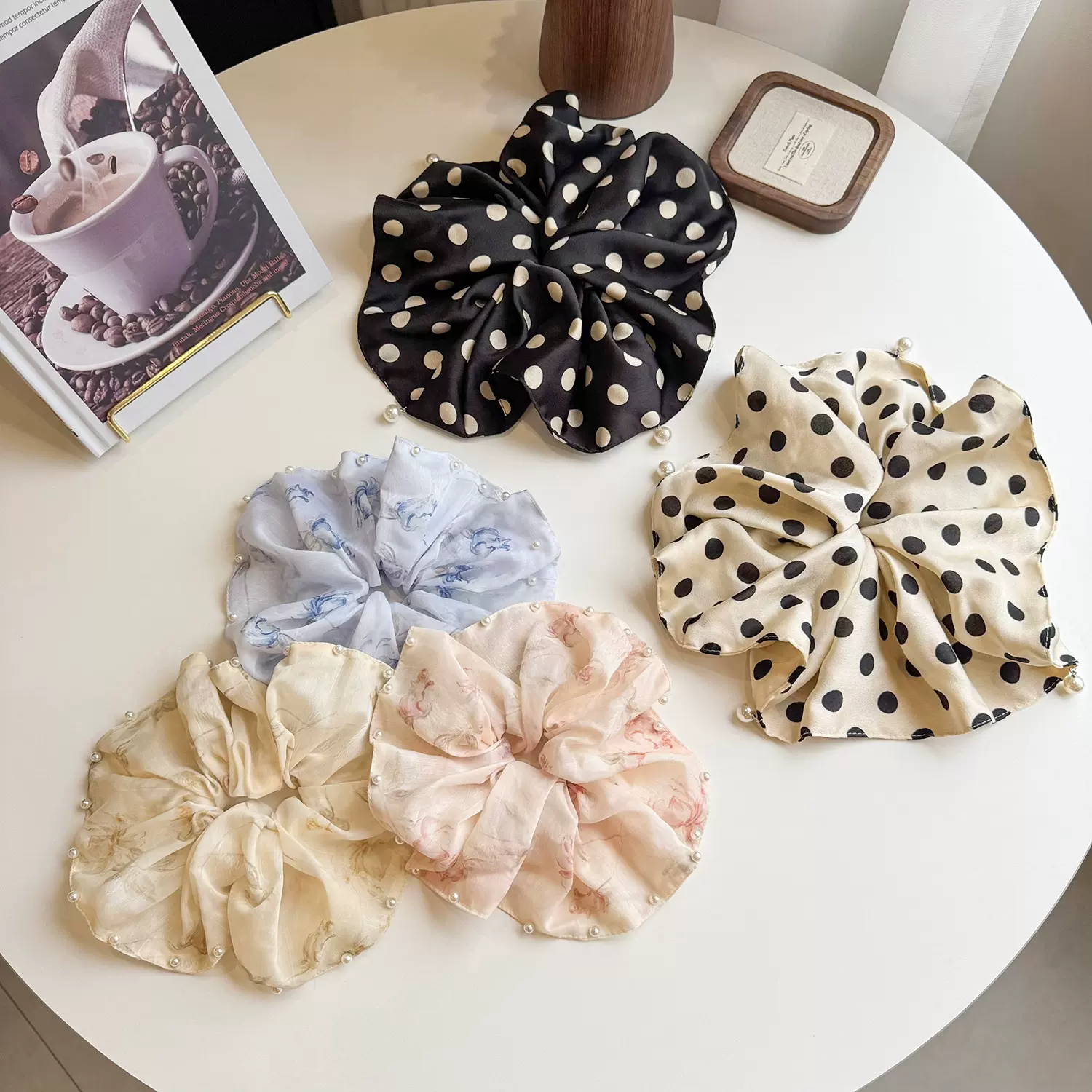 韩国高级感优雅波点大肠发圈缎面气质珍珠高质感双层头绳马尾发绳