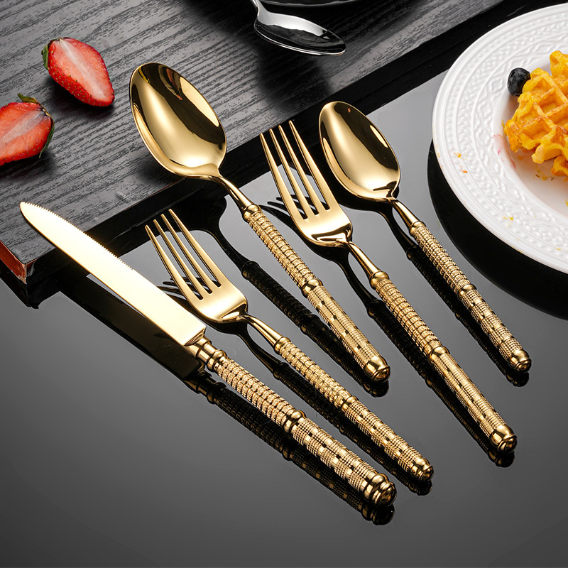 Cross-border New Gold-plated Stainless Steel Tableware suit French-embossed Retro Light Luxury 304 Knife, Fork and Spoon Western-style Tableware Cross-border New Gold-plated Stainless Steel Tableware suit French-embossed Retro Light Luxury 304 Knife, Fork and Spoon Western-style Tableware
