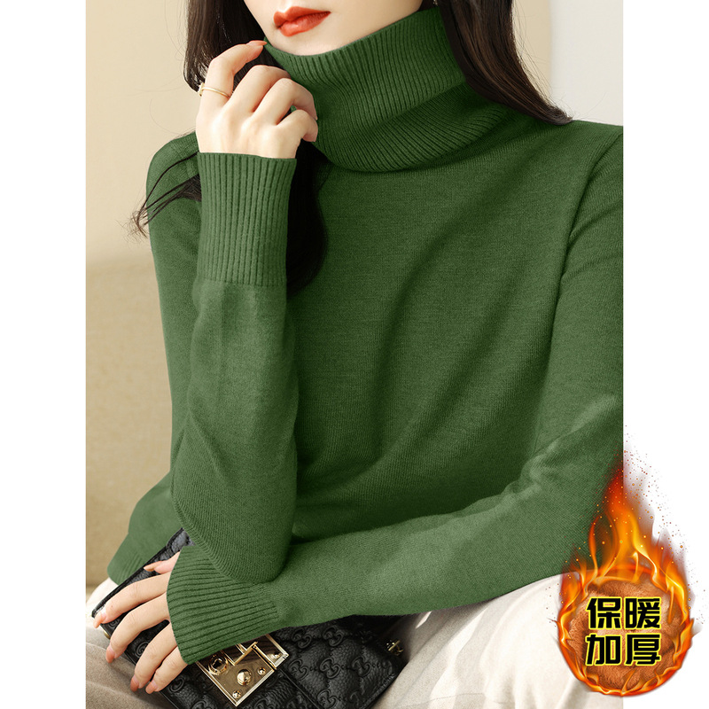Winter New Pea Green Long-sleeved Sweater Solid Color Inner Base Top Thick Piled Turtleneck Sweater for Women