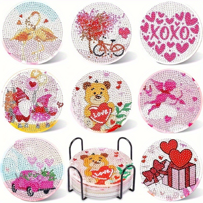 Diamante de dibujos animados almohadillas de taza letras rojas textura de madera hecha a mano puntos de perforación aislamiento térmico antideslizante diamante juguetes de pegatinas