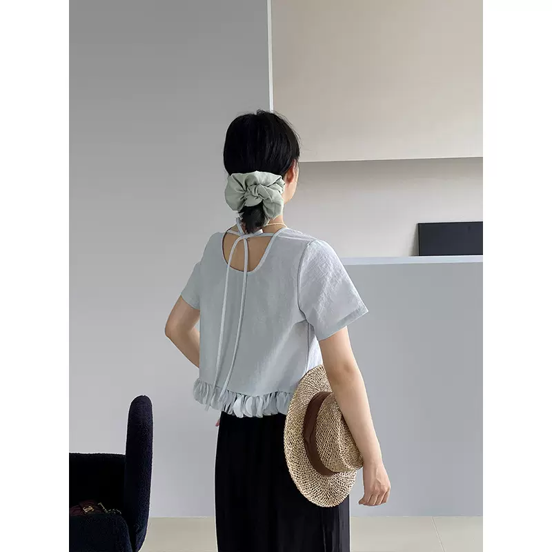 【福利款 不退换】江左 圆领短袖衬衫2025夏荷叶边短上衣女 6257