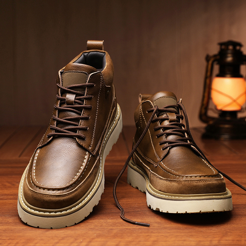 Men's Winter Boots with Fleece Lining, Retro High-Top Leather Boots, British Style Thick-Soled Height-Increasing Work Boots, Autumn Trendy Boots