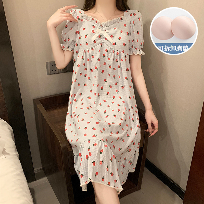 Transfronterizo con cojín de pecho pijama de mujer de verano de manga corta pijama de algodón nubes vestido largo cojín de pecho ropa de hogar adorable vestido exterior