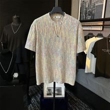 夏季轻奢彩虹条纹短袖T恤圆领男士帅气闲百搭潮流肌理感设计潮流