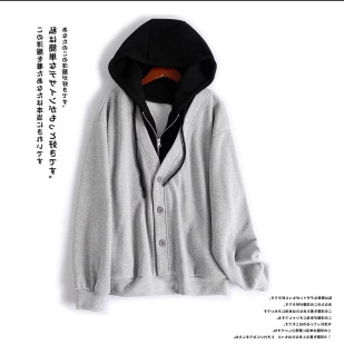 Autumn 2023 New loose slimming casual contrast color stitching V-neck fake two-piece hooded sweater