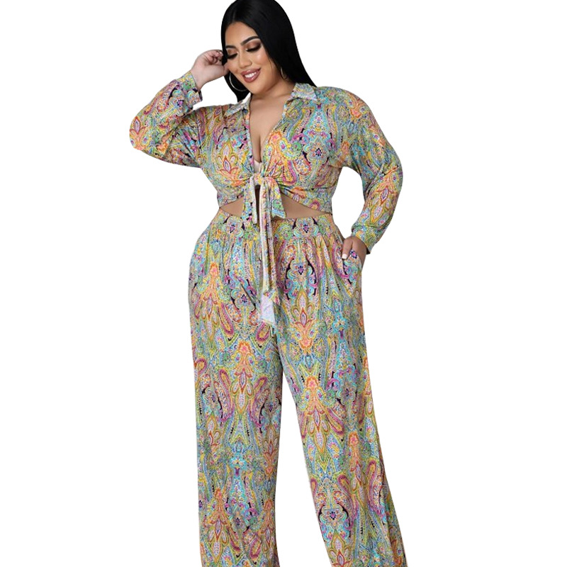 European and American lace up sexy large women's clothing 2021 autumn new cross-border Amazon bow flower print two-piece set