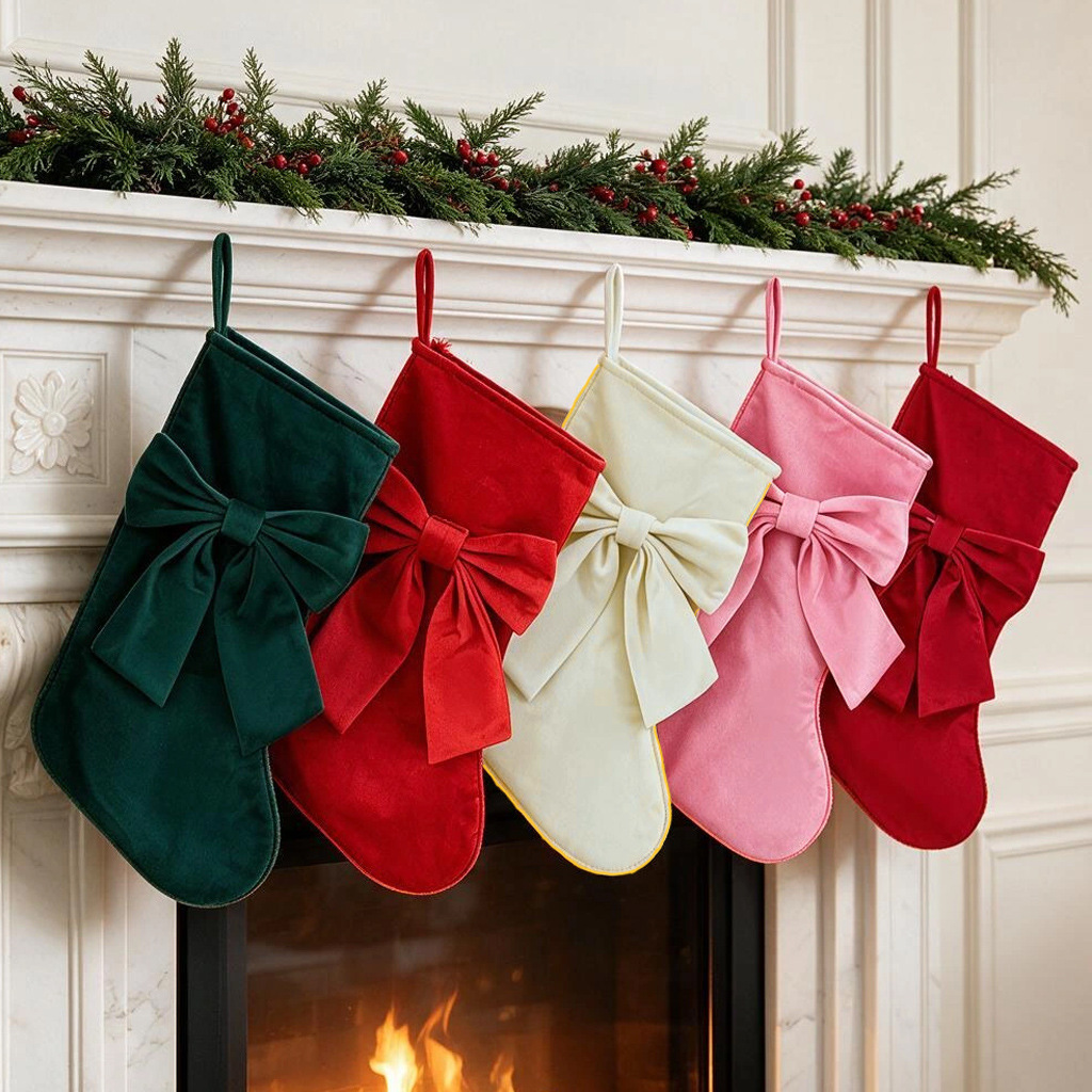 Cross-border Christmas decorations, Christmas stockings, bow gift bags, fireplace pendants, velvet candy bags, home decorations