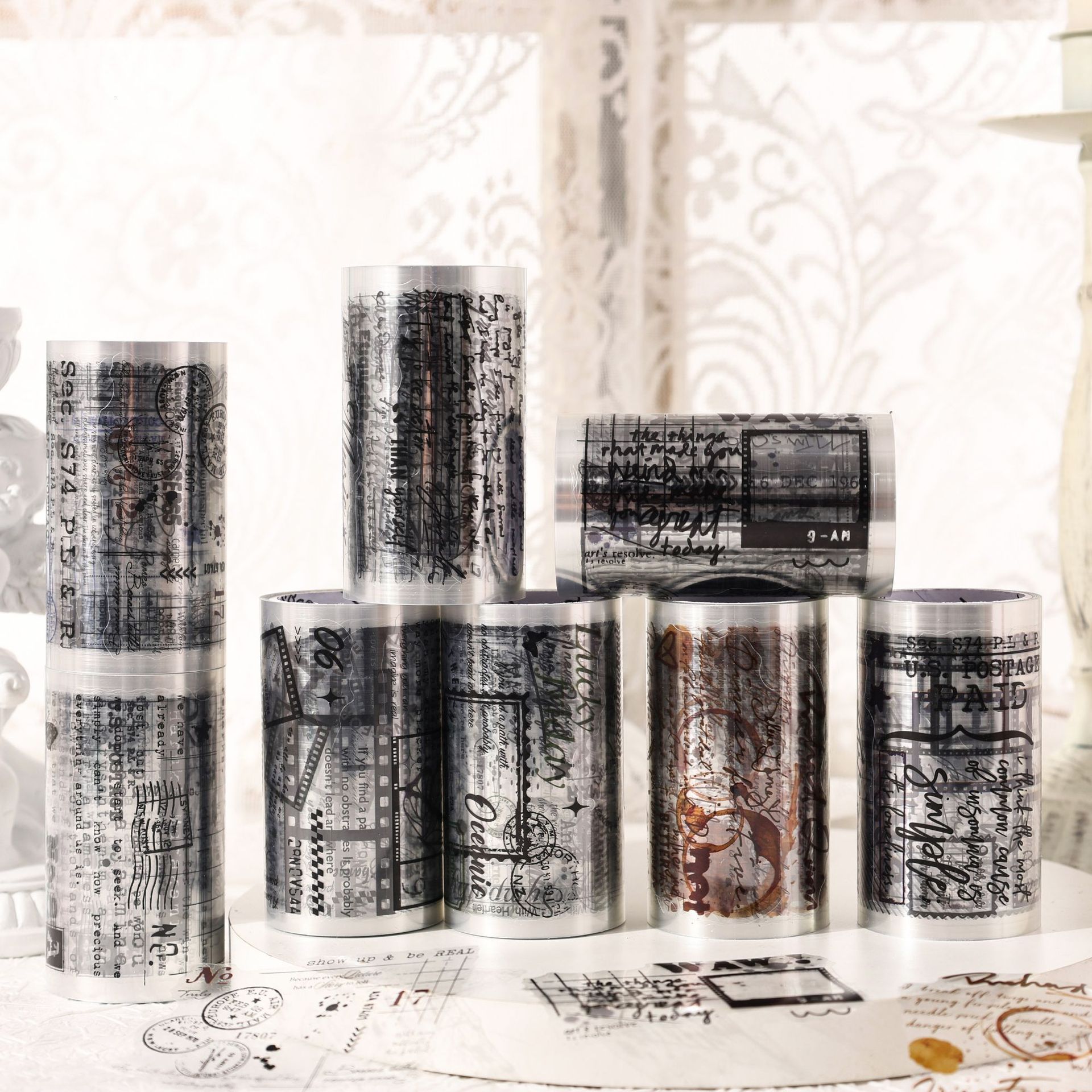 Cartas del pasado, cinta adhesiva impermeable transparente, caja de bricolaje, diario de cuenta manual, pegatinas, matasellos en inglés transfronterizo, pegatinas de paisajismo