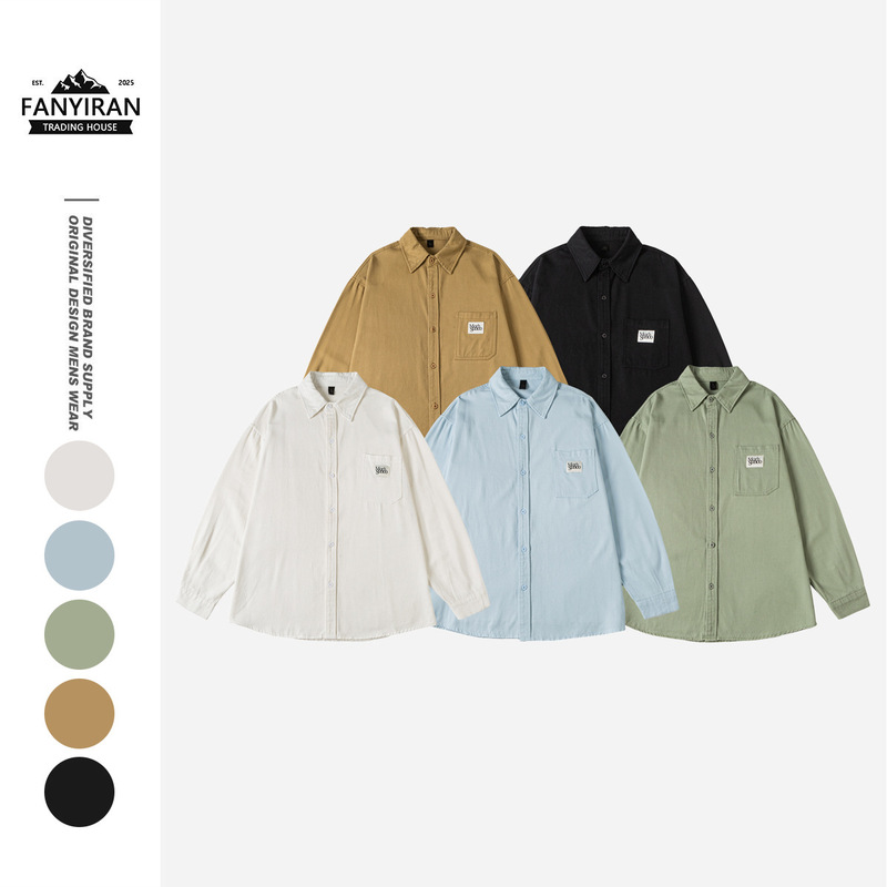 Angn National Trend Spring/Summer Solid Color Basic Pocket Cotton Long Sleeve Shirt Unisex Casual Shirt Jacket Ck080