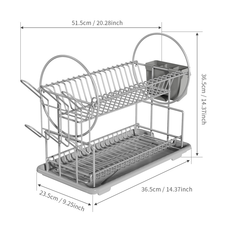 Transfronterizo negro de doble capa de platos con bandeja de agua abierta, estante de platos desmontable con palillos, jaula de tazas colgantes