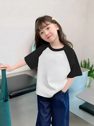 2025 Summer Unisex Kids Splicing Sports Casual Short Sleeve T-Shirt with Drop Shoulder