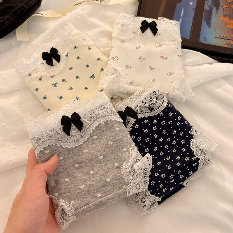 法式复古内裤女10A抗菌婴儿棉可爱少女低腰蕾丝边全棉裆三角裤头|undefined