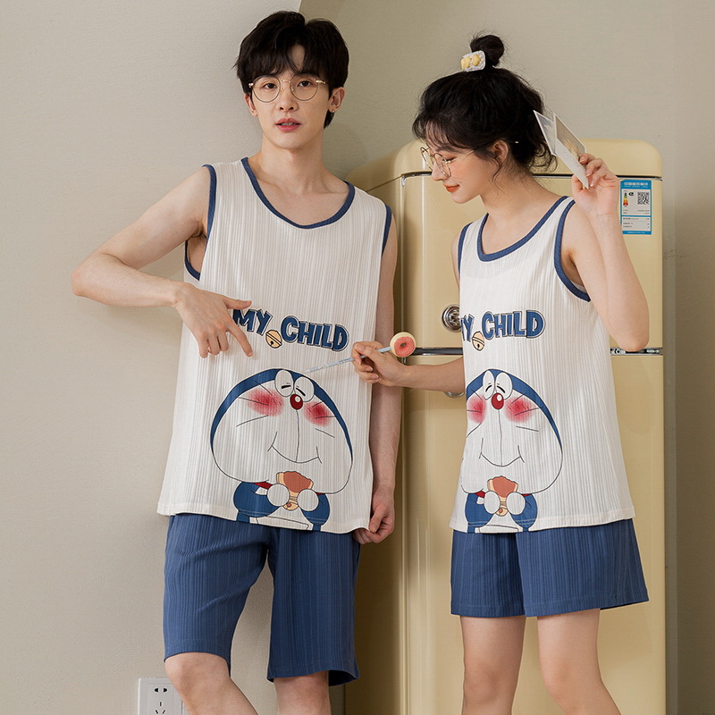 Algodón de punto de verano pareja pijama chaleco de mujer pantalones cortos delgados casuales lindos hombres y mujeres set de ropa de casa