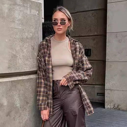 2024 весна американский vintage европейский и американский клетчатый хлопчатобумажный рубашка для женщин длинный дизайн