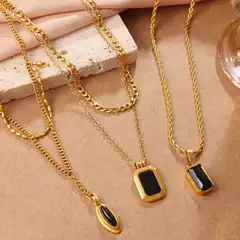 Vintage Layered Necklace Set – Double Oval Black Onyx Pendant Necklace, 18K Gold Plated Square Black Zirconia Choker