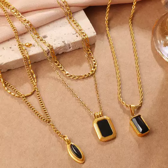 Vintage Layered Necklace Set – Double Oval Black Onyx Pendant Necklace, 18K Gold Plated Square Black Zirconia Choker