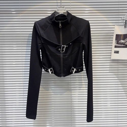 Slimming Top with Stand Collar, Chic & Cool Base Layer for Spring/Summer—Women's Design, Fitted Fit, Asymmetrical Style, Featuring a Metal Zipper and Secure Buckle