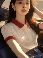韓国系シンプルで美しい杏色POLO襟半袖tシャツ女性の夏のタイプは独特で、やせて美しいシャツを見せています。