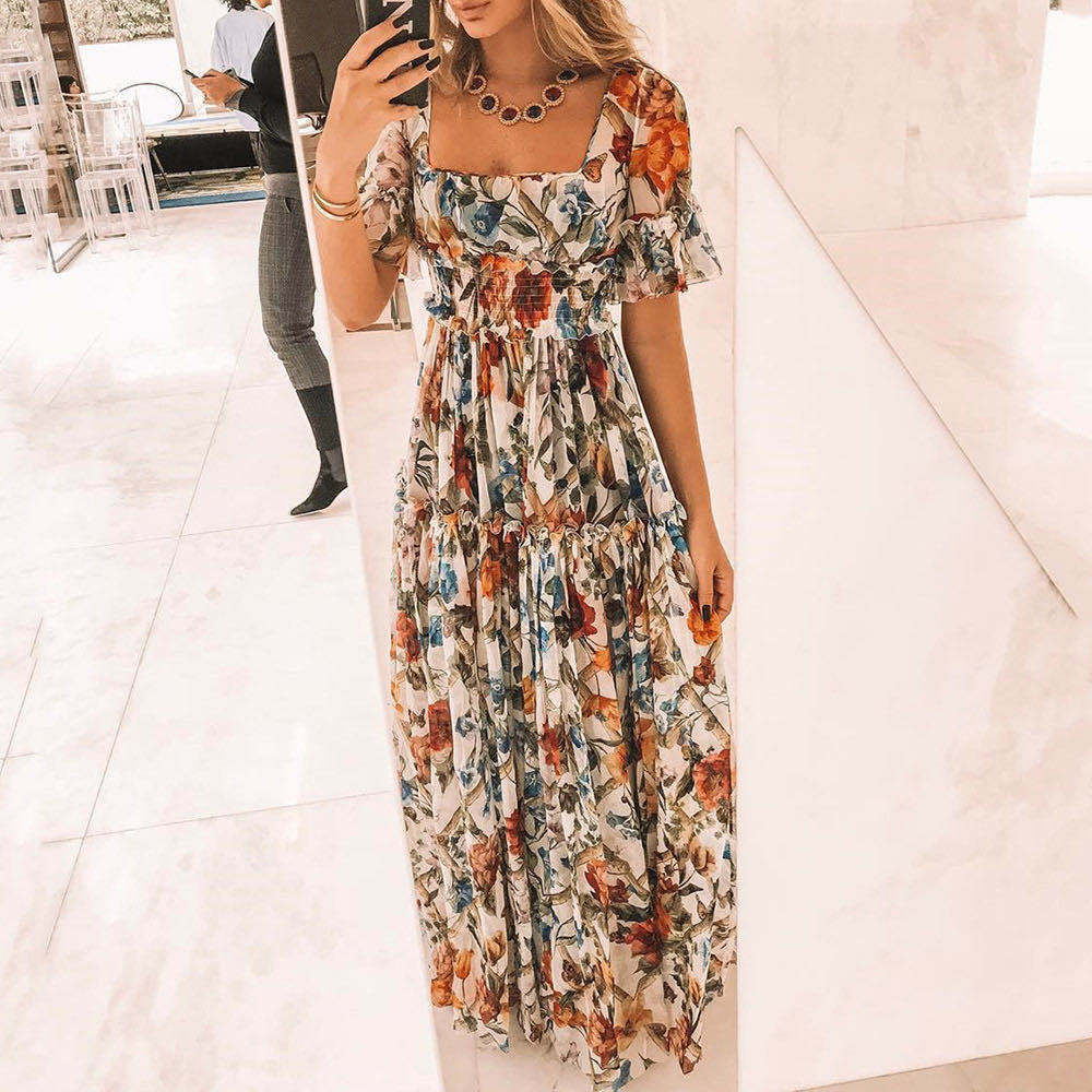 Vestido de cintura alta europeo y americano transfronterizo cuello cuadrado estampado manga de hoja de loto estilo bohemio cintura delgada falda de hada floral