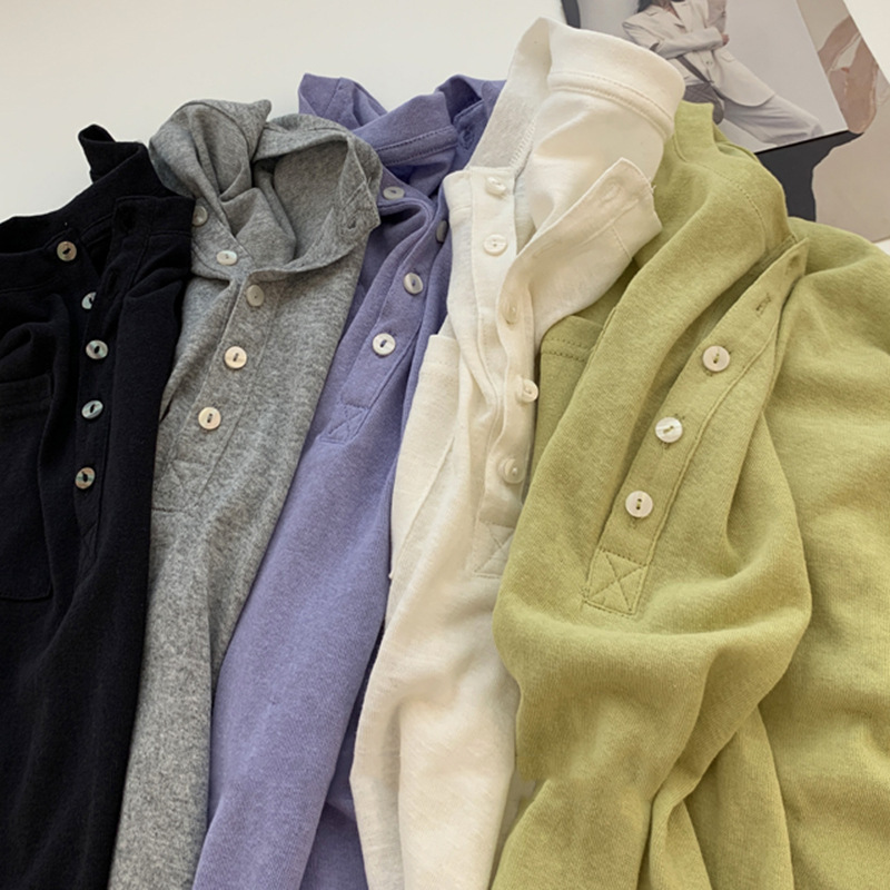 Simple Casual Lazy Style Henry Collar Button Long-sleeved T-shirt Women's Loose Slimming All-match Thin Sunscreen Base Shirt Simple Casual Lazy Style Henry Collar Button Long-sleeved T-shirt Women's Loose Slimming All-match Thin Sunscreen Base Shirt