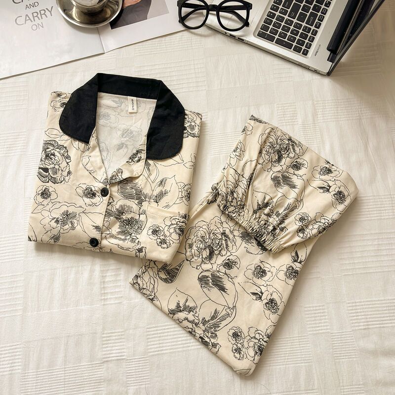 Spring and Autumn Women's Pajamas Cardigan Long-Sleeved Trousers High-End Printed Shirt Casual Home Wear Set Cross-Border