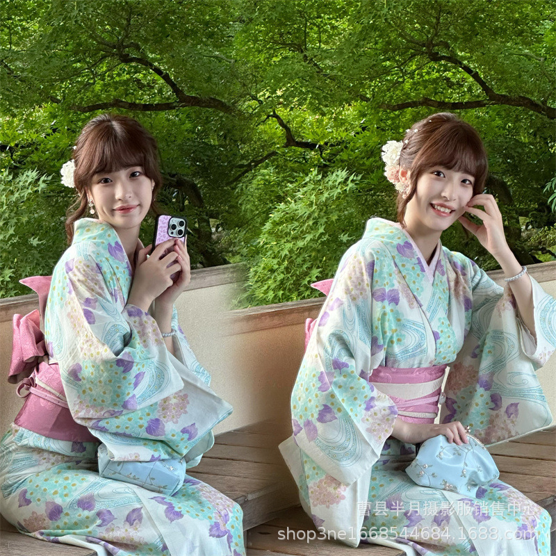 New Style Kimono for Women, Japanese-Style Modified Version, Light Blue Long Yukata Dress for Fireworks Festival, Japanese-Style Cat Cafe