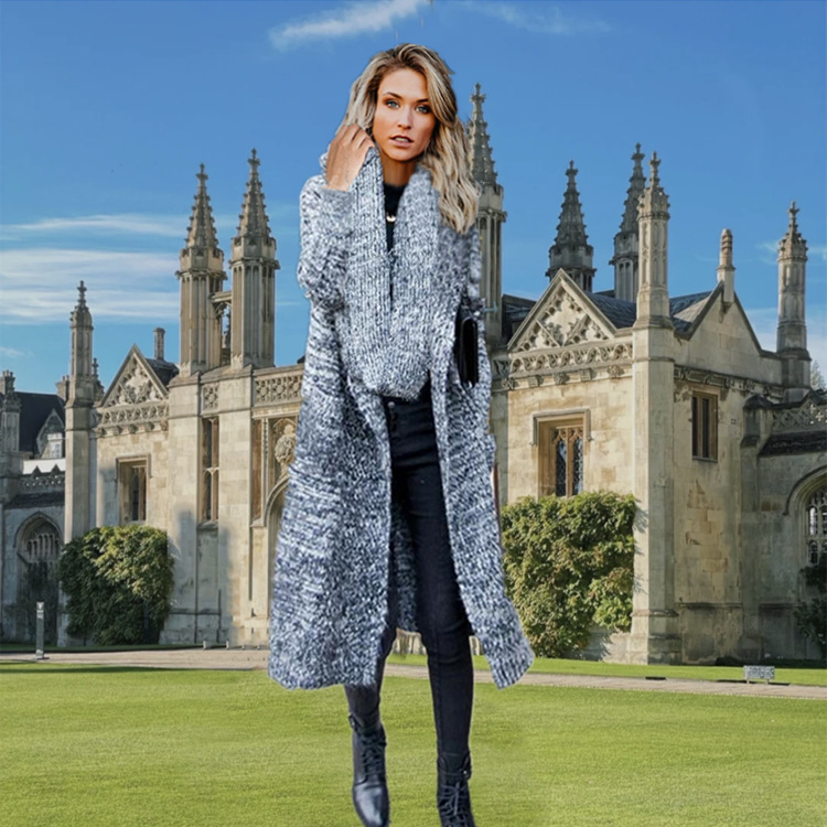 Comercio exterior Otoño e Invierno Amazon prendas de punto de color sólido europeo y americano Delgado doble bolsillo bufanda de una sola pieza suéter cardigan abrigo para las mujeres