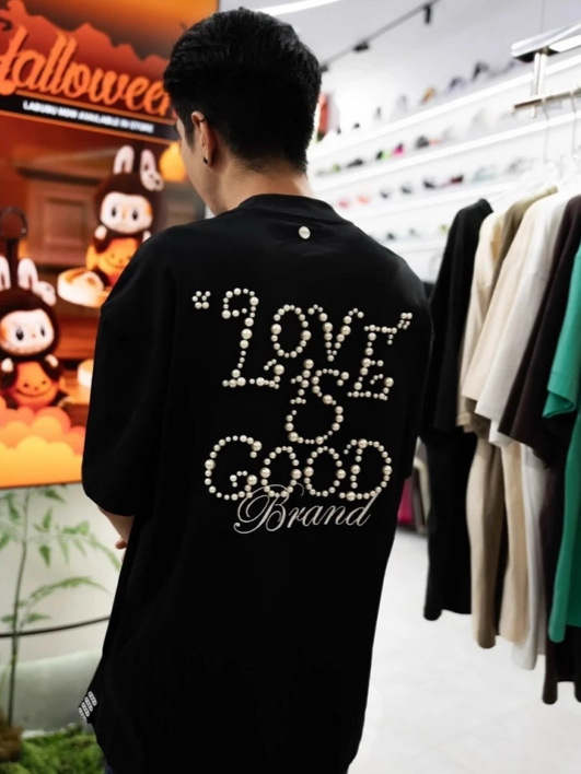 オリジナル品質のGOODビーズクラフトスローガンLOVEカジュアルベーシック多用途ルーズ半袖Tシャツ男性と女性用|undefined